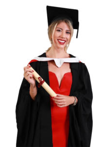 A woman in a graduation gown holding a diploma.