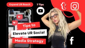 A woman posing with social media icons and text overlays offering tips to improve your social media strategy.